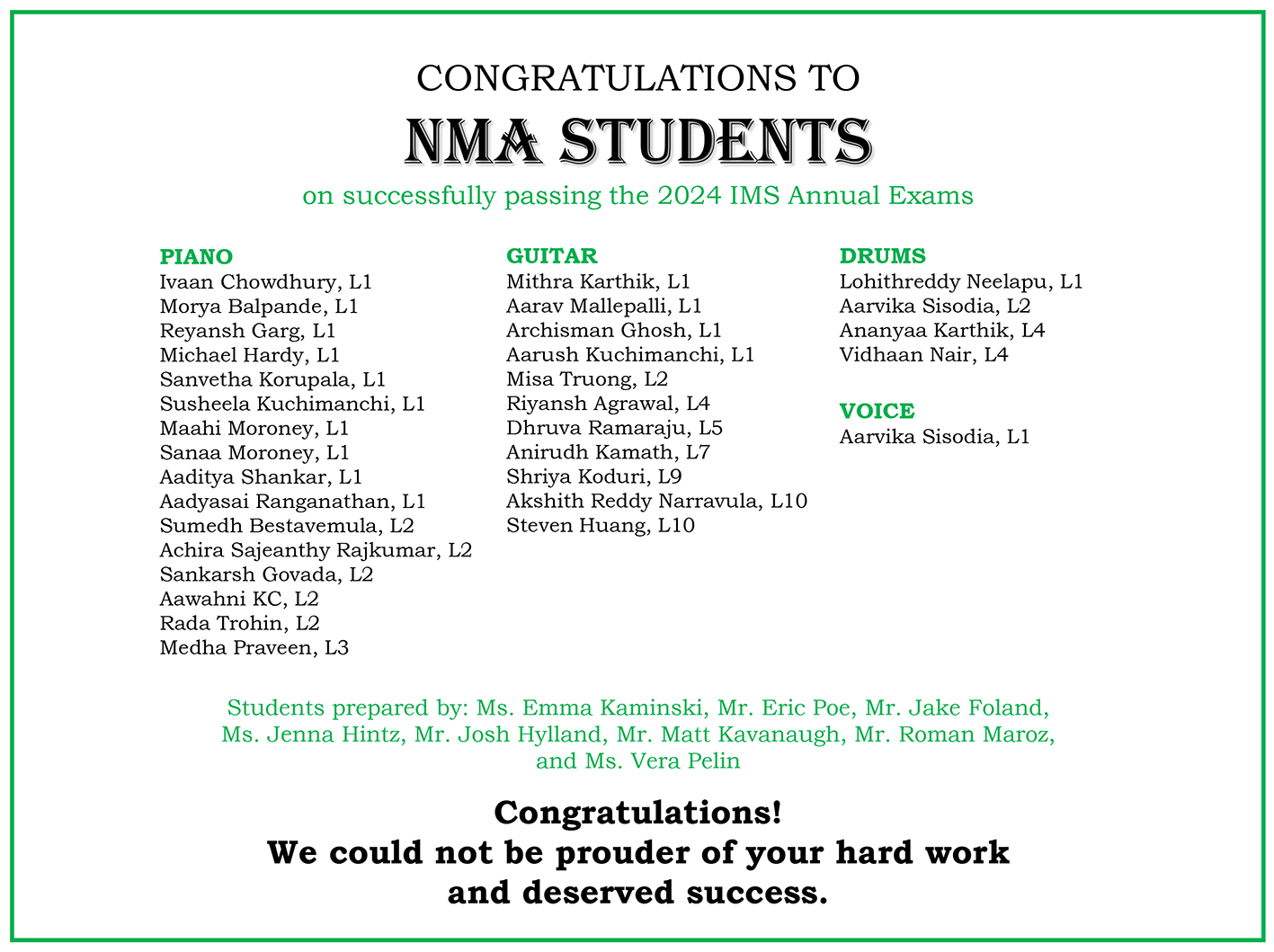 Congratulations Illinois Music Society Exams Students